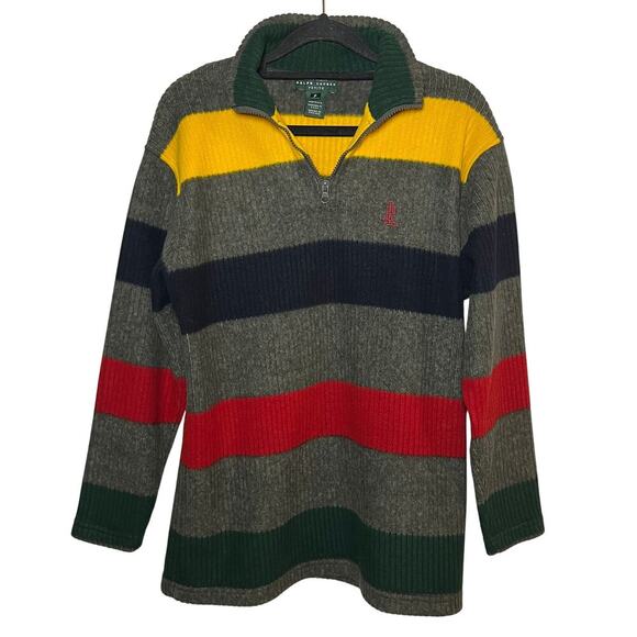 Ralph Lauren Quarter Zip Sweater Striped Gray Red Yellow Small Petite Y2K USA - Picture 1 of 7